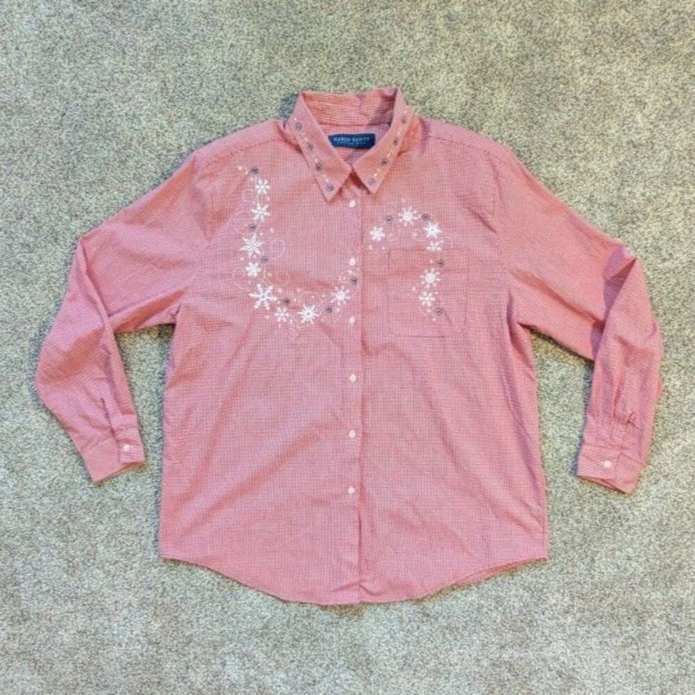 Vintage Karen Scott Red Gingham Snowflake Shirt XL